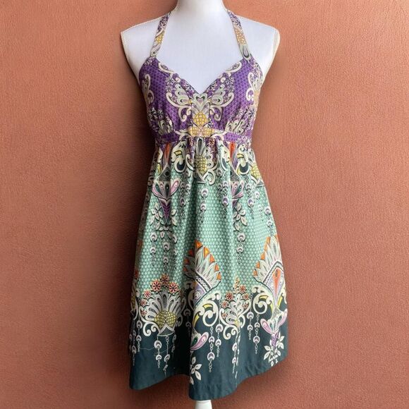 Y2K Express Green and Purple Floral Halter Top Mini Dress - Picture 1 of 6